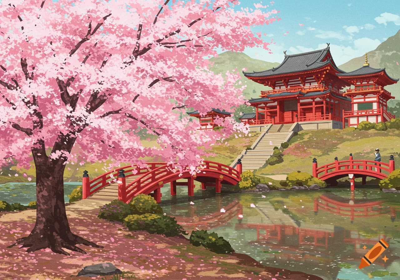 An anime illustration of a Japanese temple next to a pond with red bridges and a large pink cherry blossom tree.