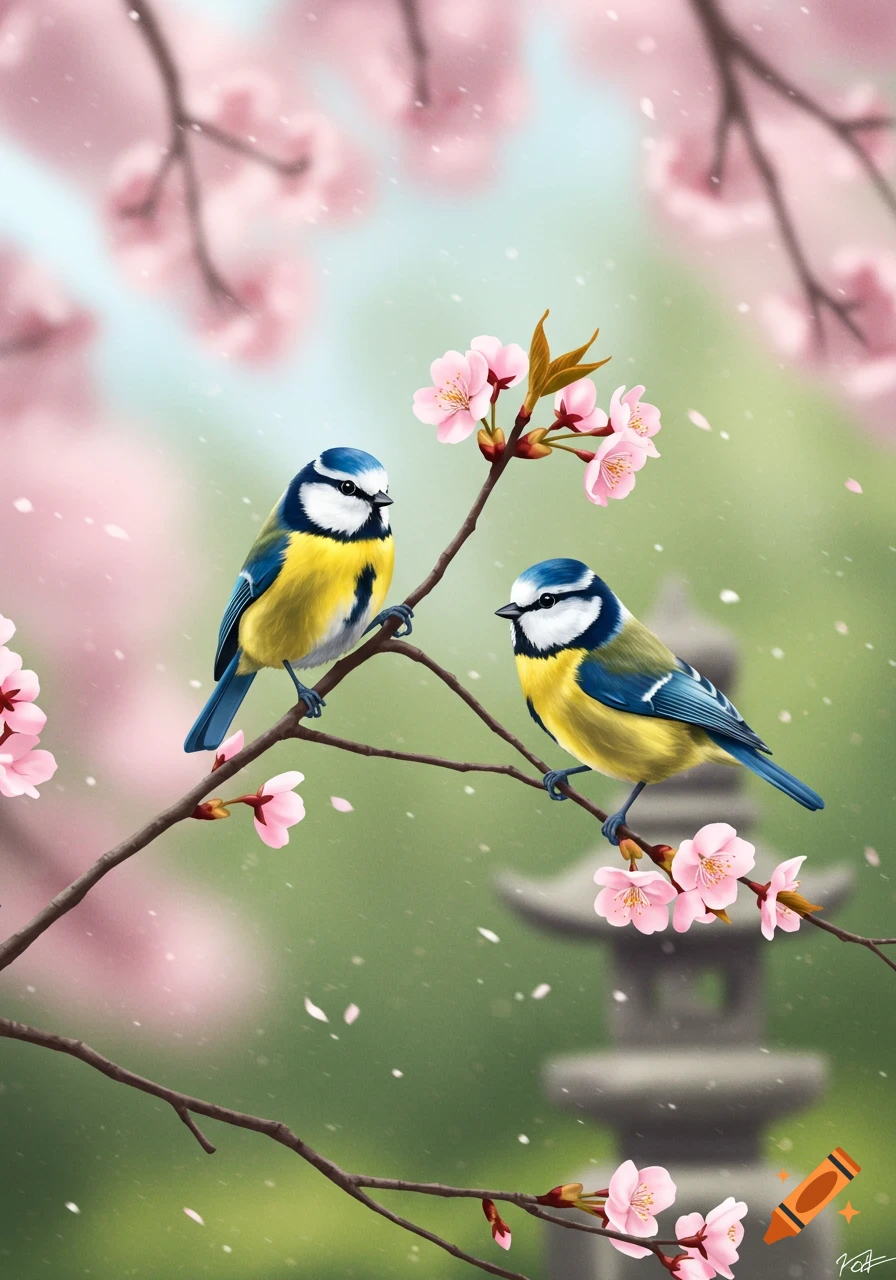 Two blue tits perch on a cherry blossom branch with pink flowers and falling petals, against a blurred green background with a stone lantern, illustration style.