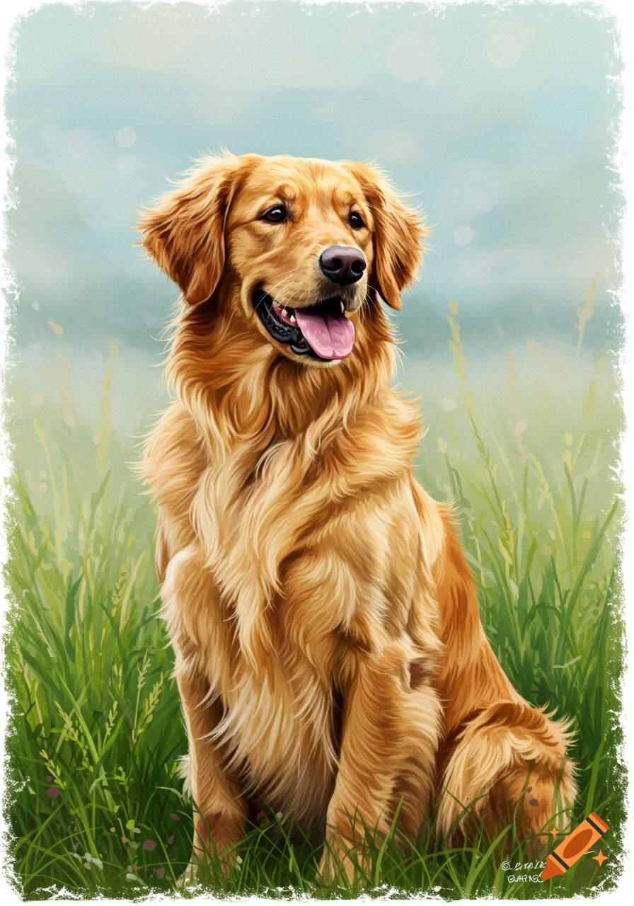 Painterly illustration of a golden retriever sitting in tall grass.