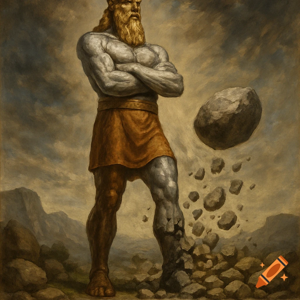 A large figure with a stone leg and flesh leg stands on crumbling ground as a stone floats beside it in a painterly style.