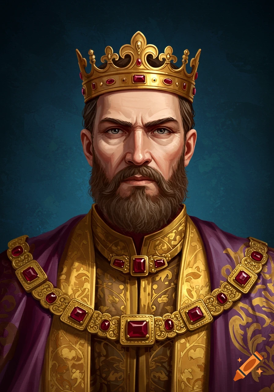 A portrait of a bearded man wearing a golden crown and royal robes.
