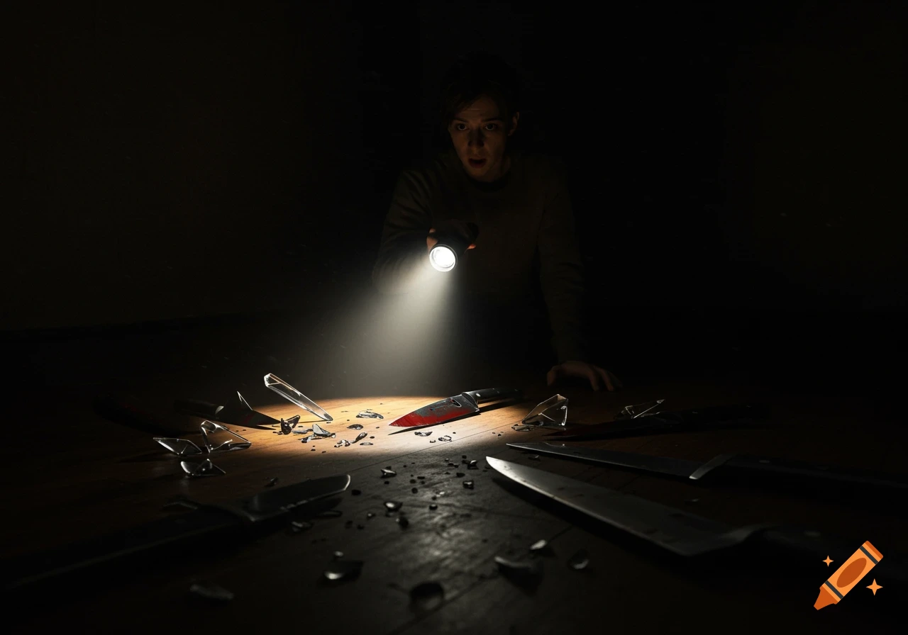 Person shines a flashlight on a bloody knife and broken glass on a floor in a dark room.