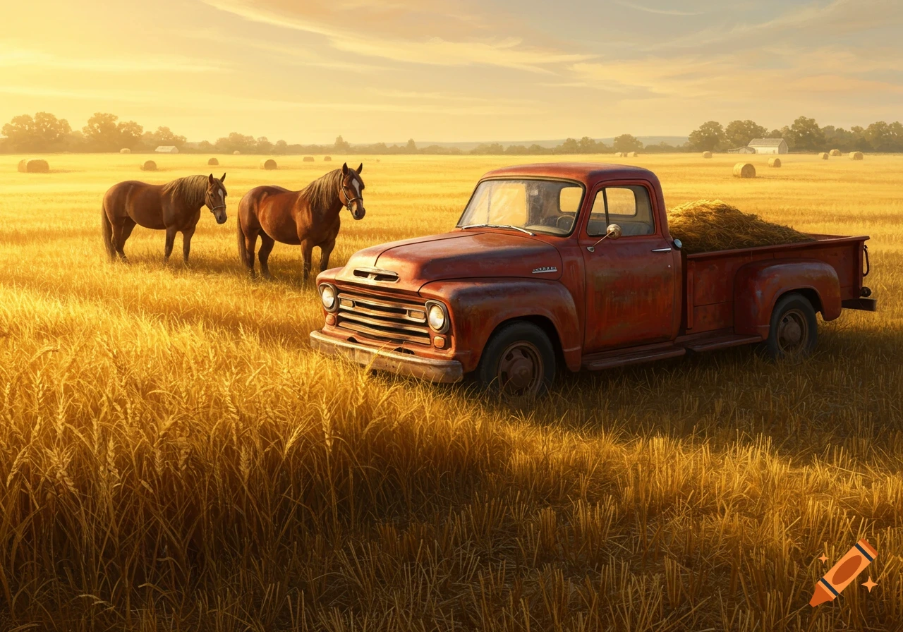 Red pickup truck loaded with hay in a sunlit field with two horses