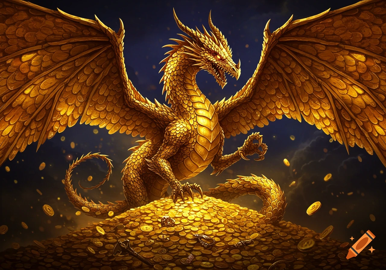 A large golden dragon guards a vast hoard of gold coins.