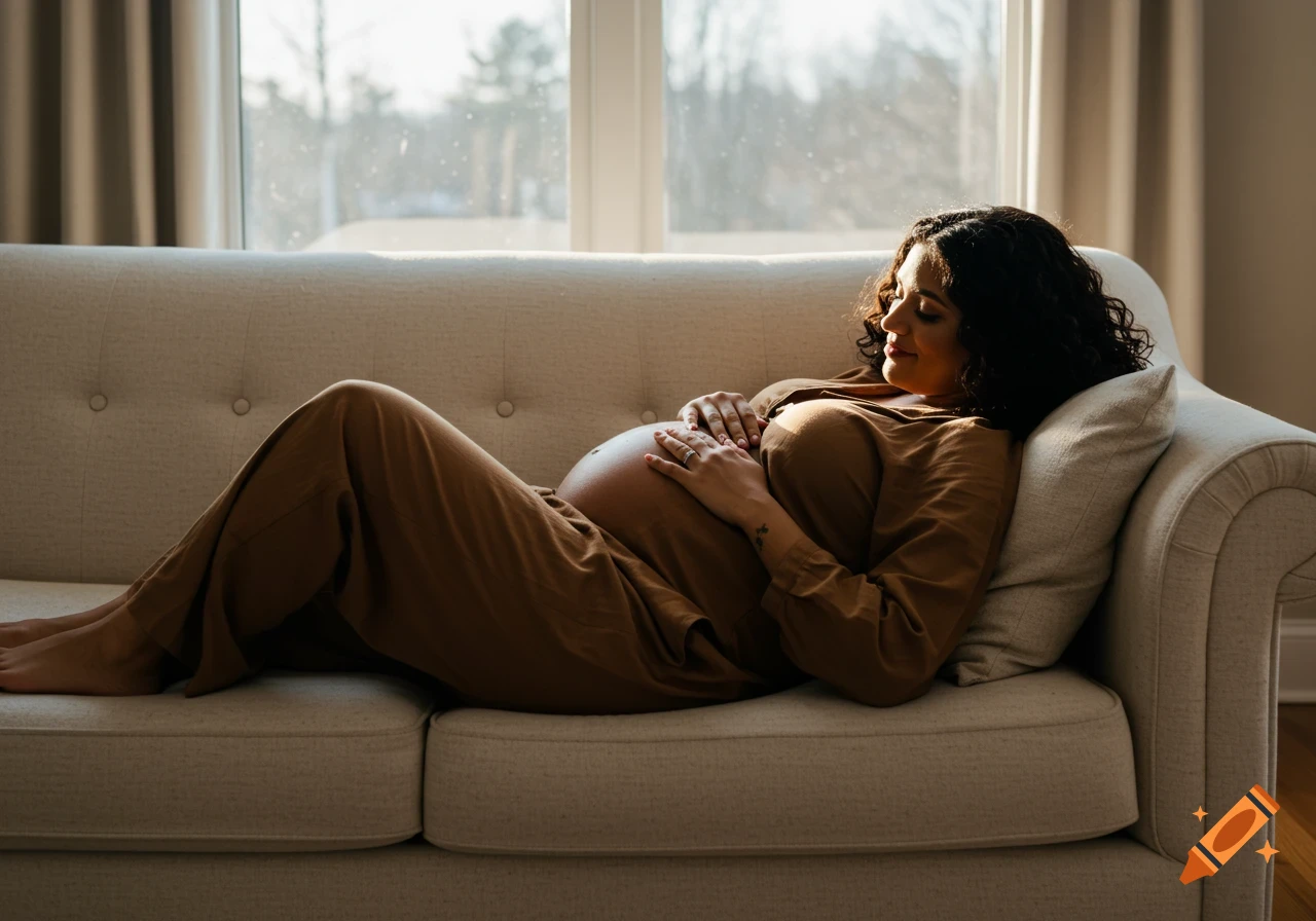 A pregnant woman lies on a couch, holding her belly, bathed in sunlight.