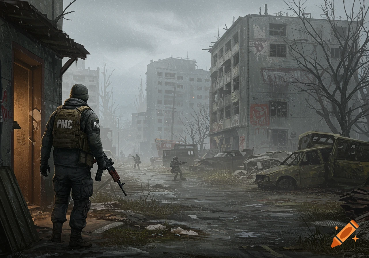 A soldier in tactical gear stands in a snowy, ruined city looking at other soldiers and destroyed buildings, gritty concept art style.
