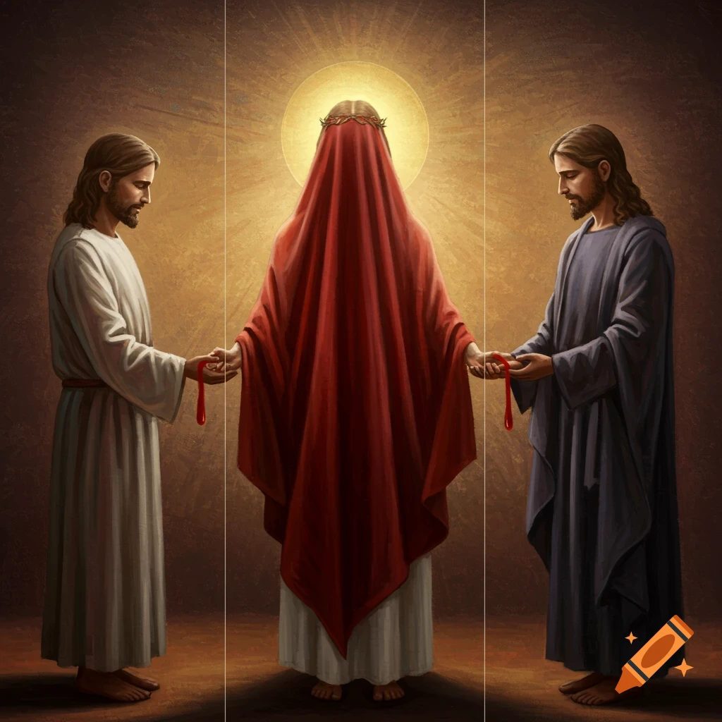 Painted image showing two figures resembling Jesus holding red ties connected to a central figure draped in red.