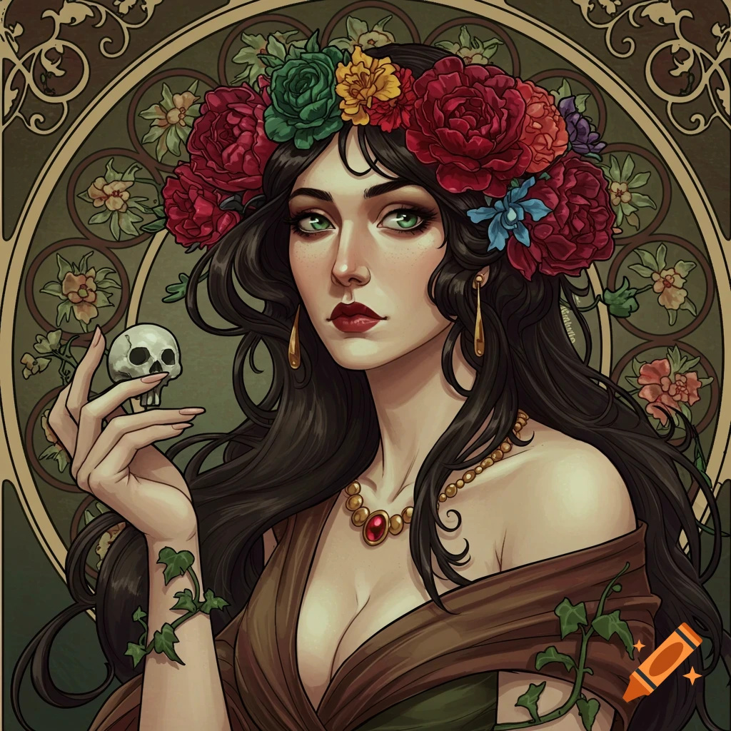 Art Nouveau portrait of a woman with flower crown holding a skull