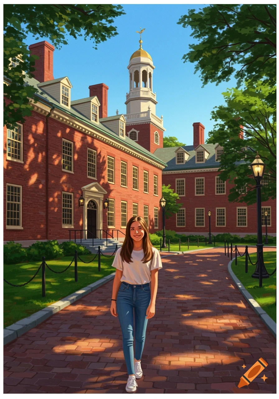 A young woman stands on a brick path in front of a university building with a bell tower, digital illustration.