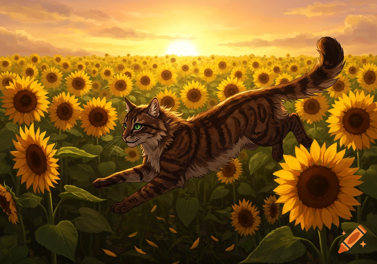 A brown tabby cat leaps through a field of sunflowers at sunset in an illustrative style.