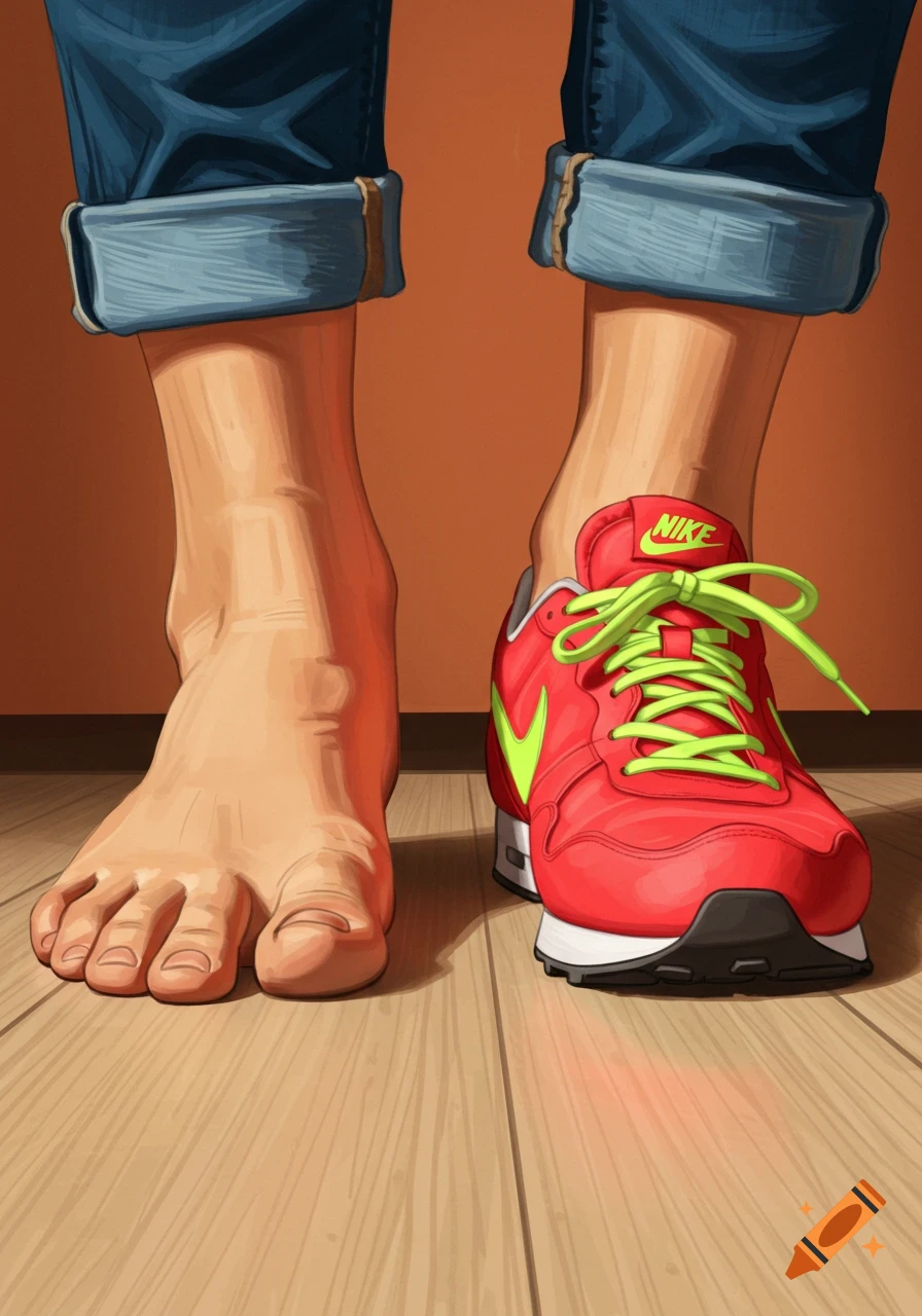 A bare foot next to a foot wearing a red sports shoe in an illustration style.