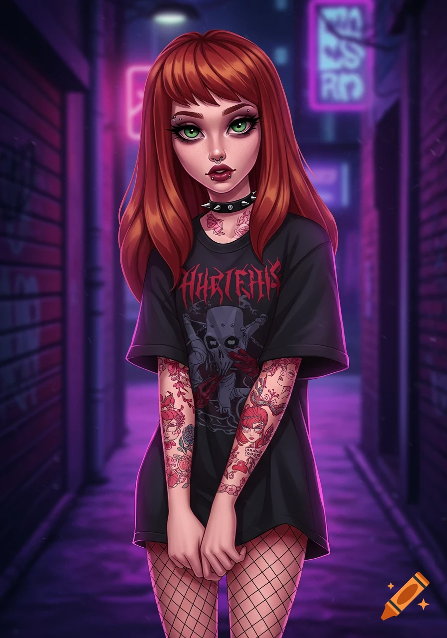 Cartoon illustration of a girl with red hair, tattoos, and piercings wearing an emo outfit in an alleyway.