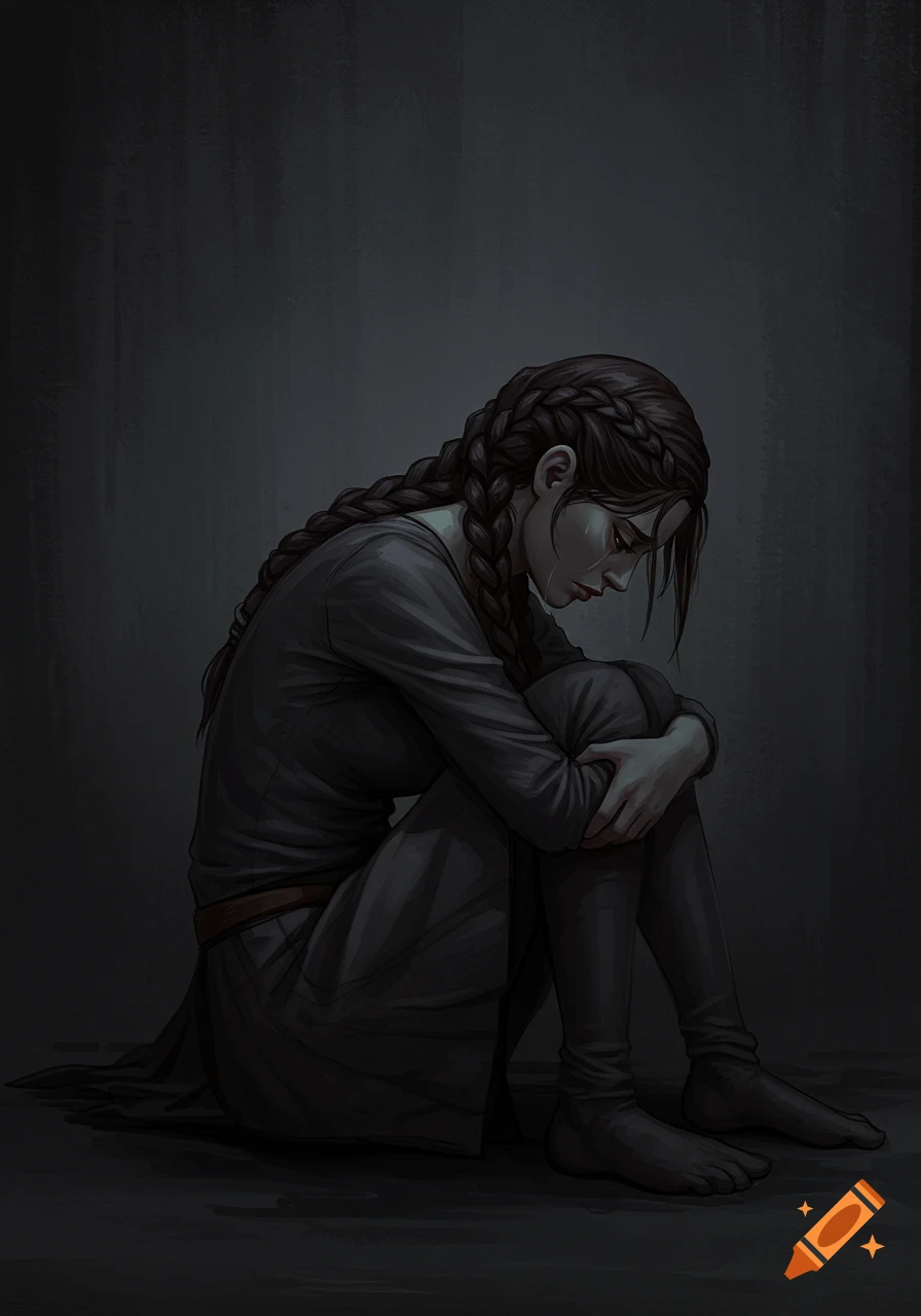 Illustration of a person sitting on the floor, huddled and looking down sadly.