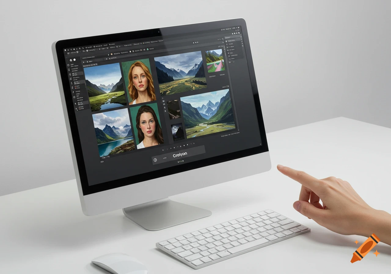 Hand pointing at computer screen showing image editing software with portraits and landscapes