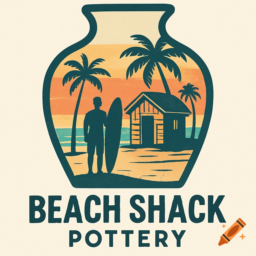 Logo in a vase shape with a surfer, beach shack, and palm trees on a beach, text below reads 'BEACH SHACK POTTERY'.