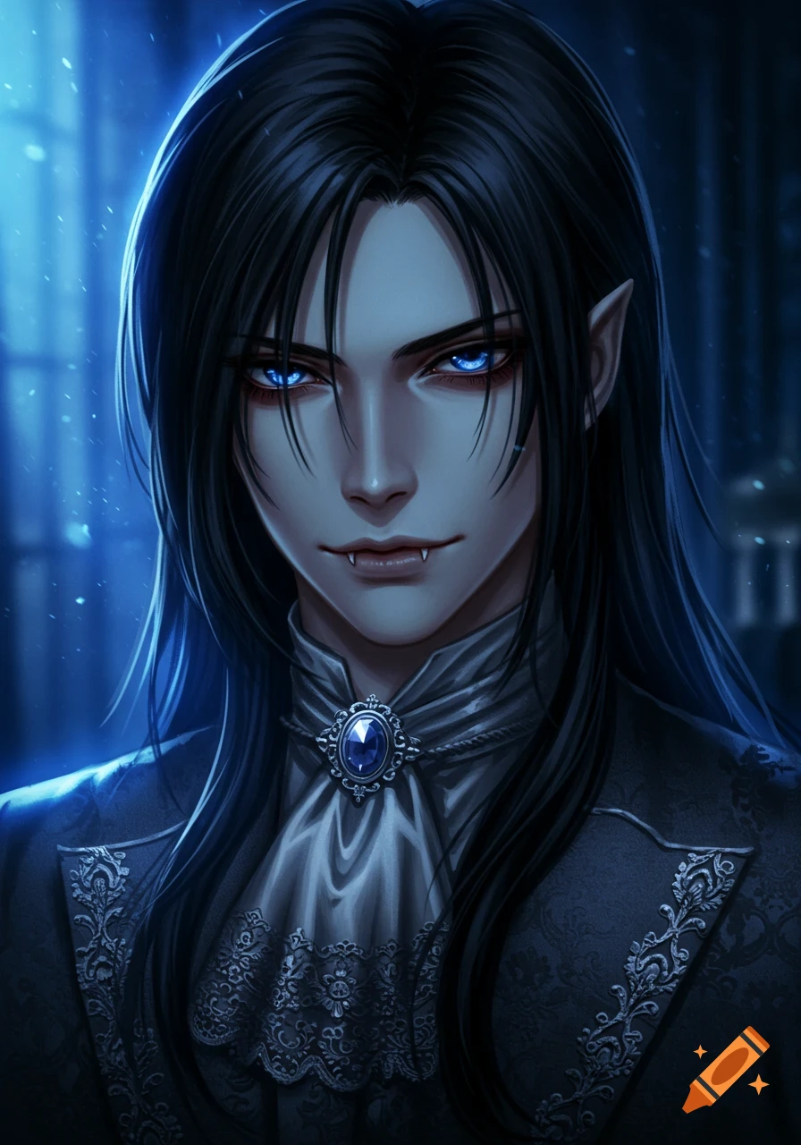 Anime portrait of a vampire man with black hair, blue eyes, and fangs, wearing a dark coat and ruffled shirt.