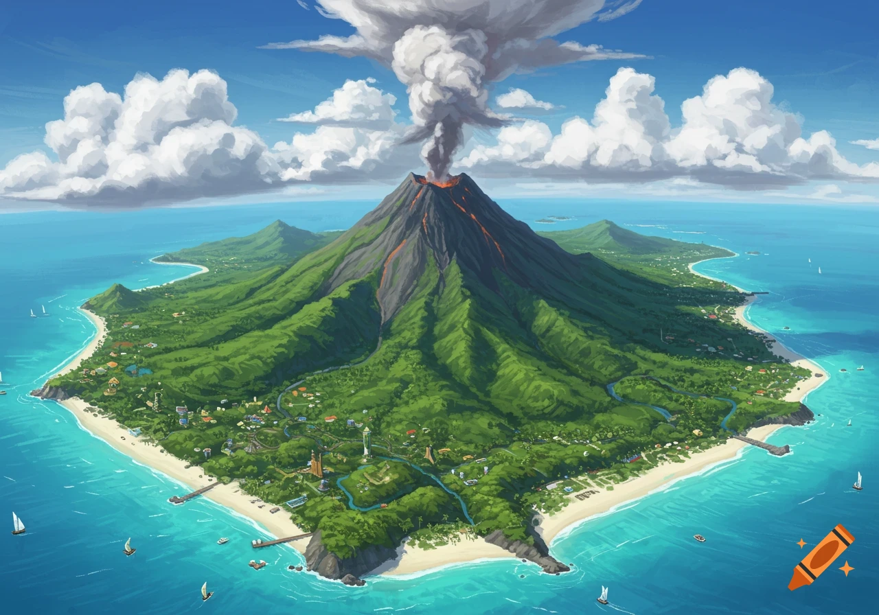 Aerial view of a tropical island with a smoking volcano, beaches, dense green landscape, and boats on the turquoise sea.