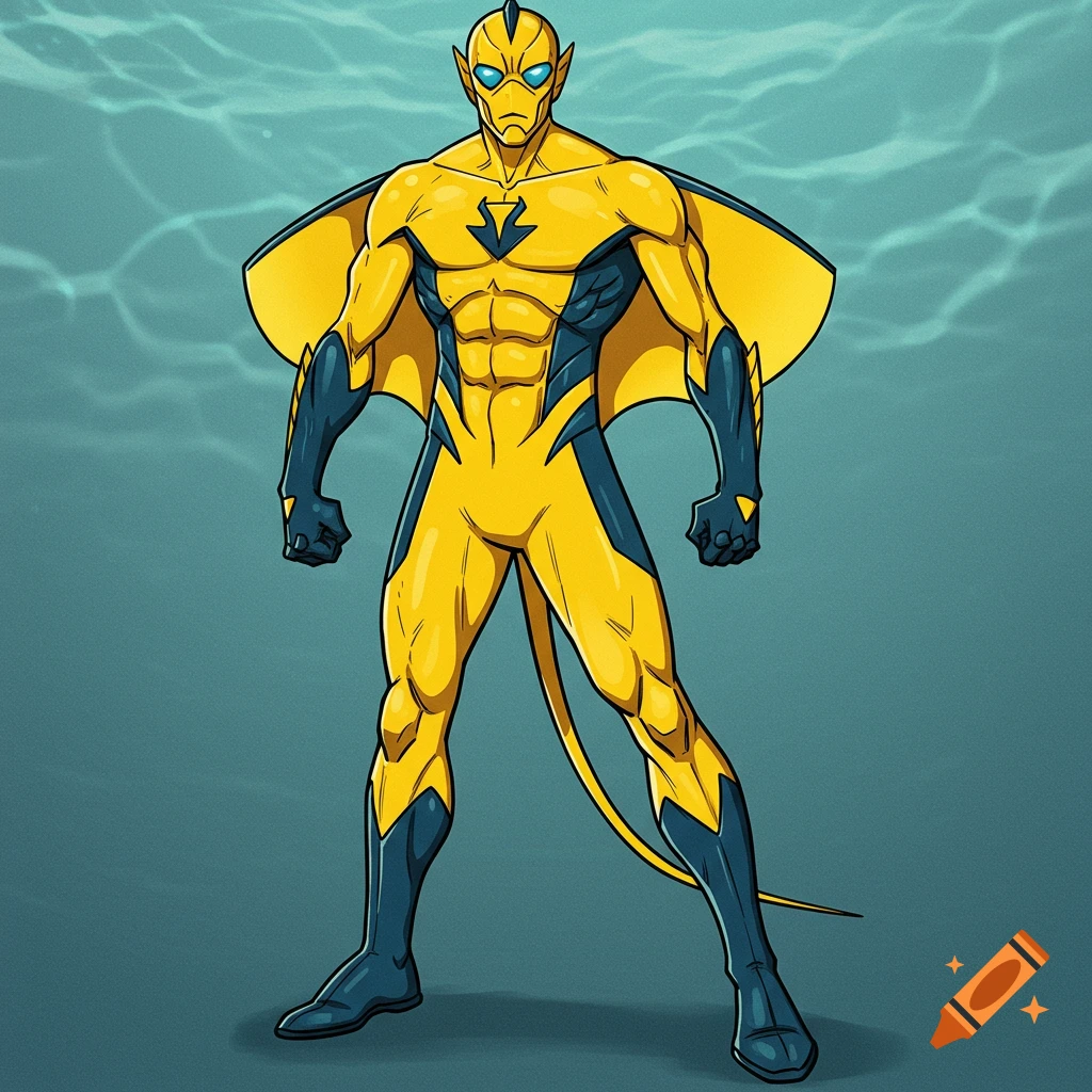 Illustration of a superhero in a yellow and blue stingray costume with a tail, standing under water.