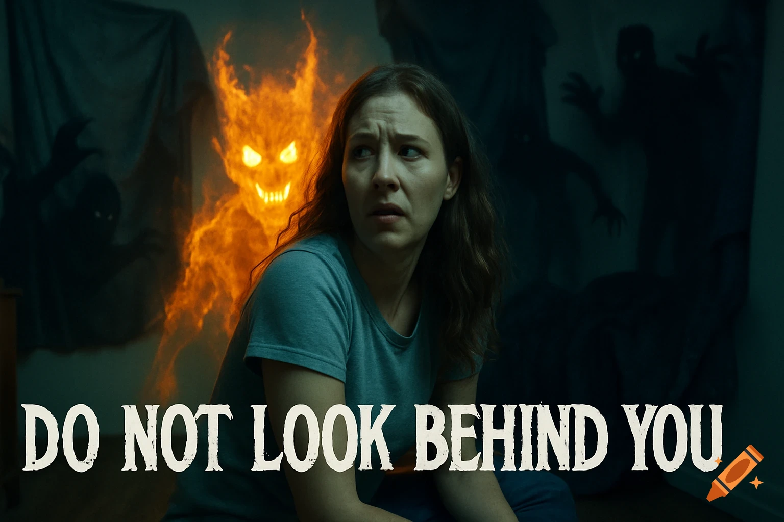A scared woman looks forward while a fiery demon and dark figures lurk behind her. Text says 'DO NOT LOOK BEHIND YOU'.