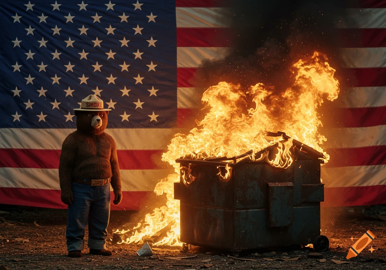 Photorealistic image of Smokey the Bear in front of a burning dumpster with an American flag background.