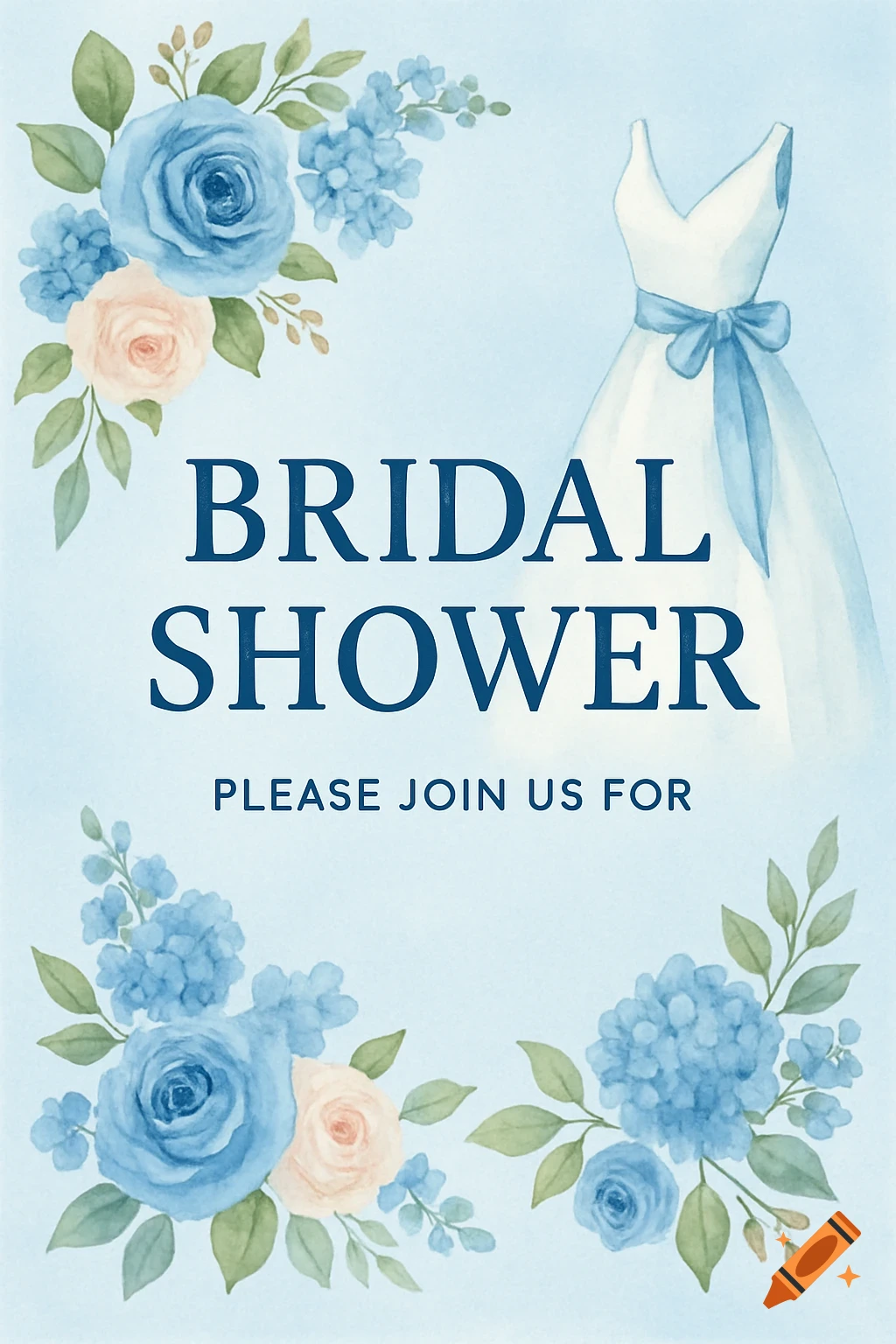 Watercolor bridal shower invitation with blue and pink flowers, a white dress, and blue text reading "BRIDAL SHOWER PLEASE JOIN US FOR".
