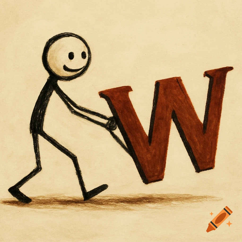 A stick figure person drags a large letter W. Crayon drawing style.