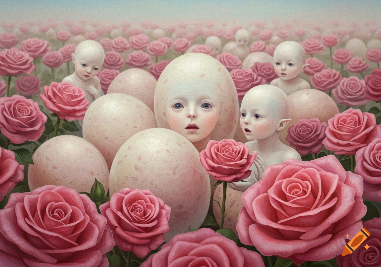 Surreal image of child-like figures with egg-shaped heads and large eyes among bright pink roses.