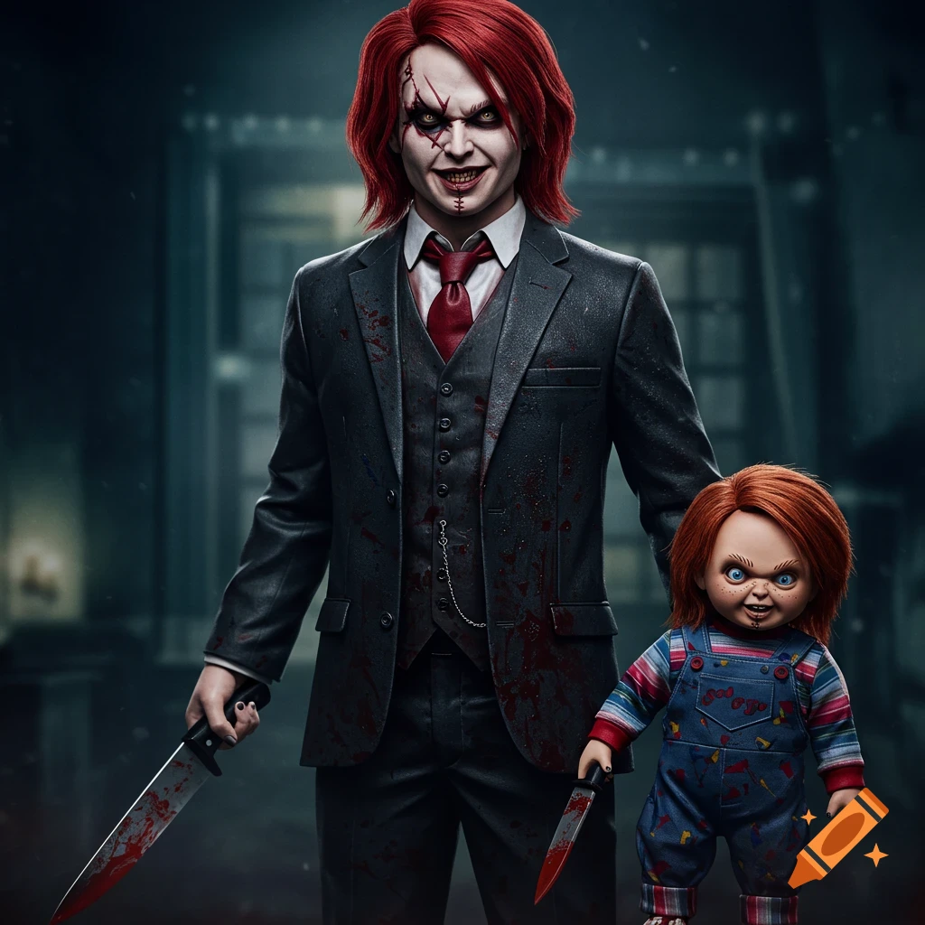 Person resembling Chucky in suit next to Chucky doll, both holding bloody knives