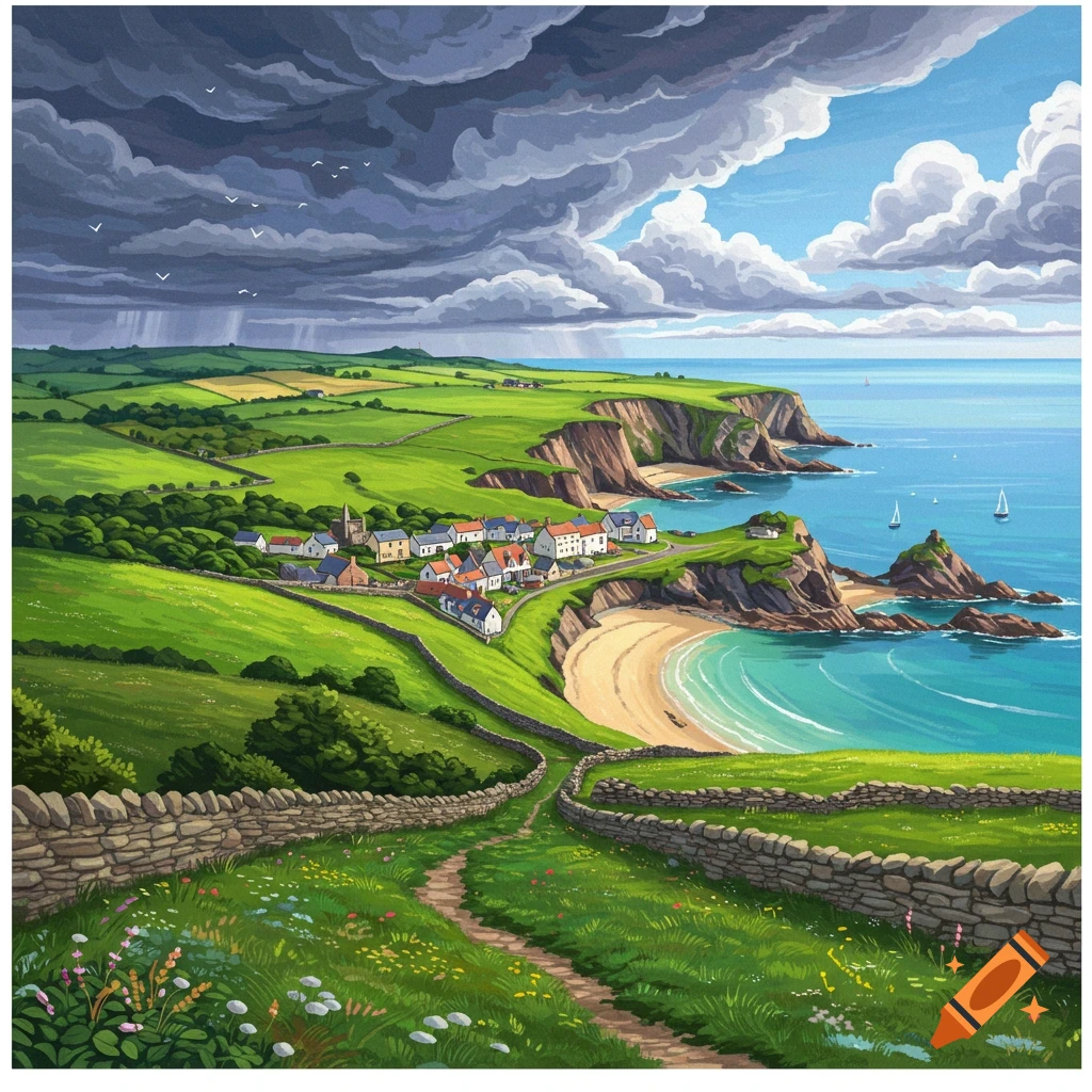 Illustrative painting of a coastal village nestled on a grassy hillside overlooking a sandy beach and sea, with dramatic clouds overhead and a winding stone path in the foreground.