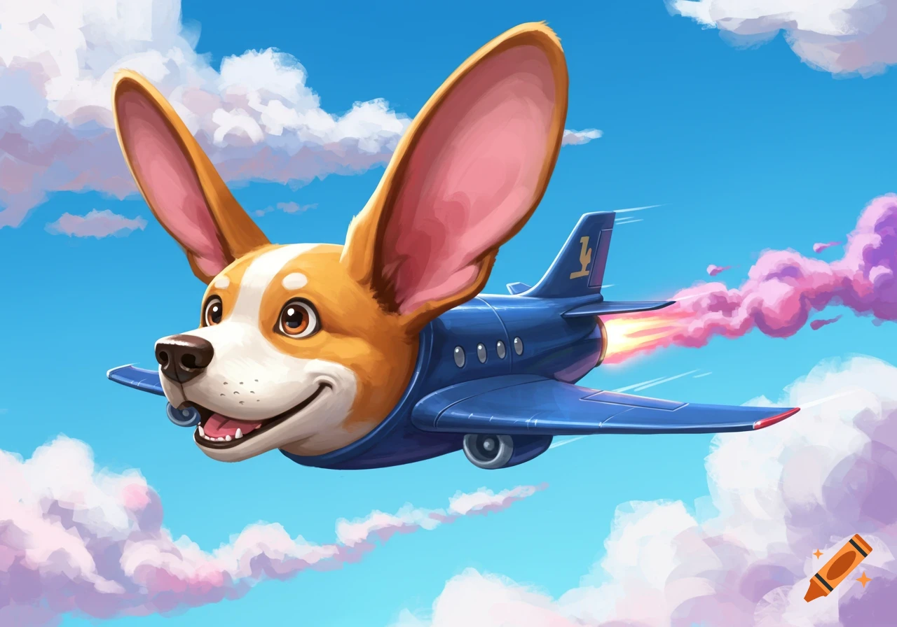 A cartoon corgi dog's head is the front of an airplane flying in a blue sky with pink clouds.