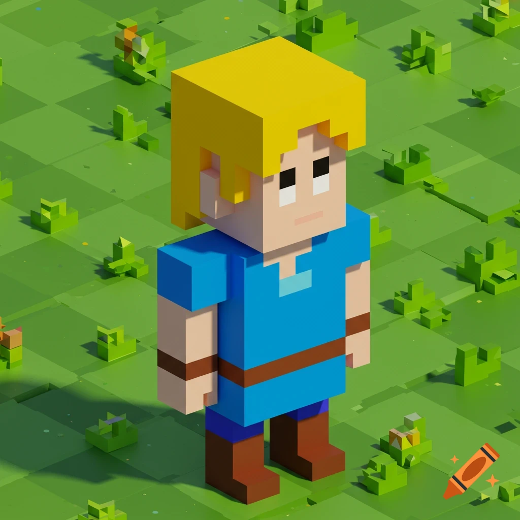 Voxel art character with blonde hair, blue shirt, and brown pants stands in a grassy field.