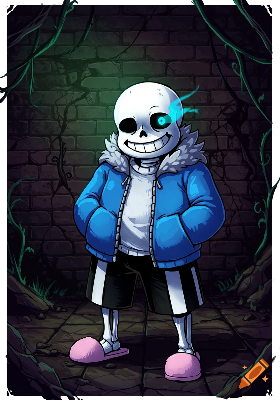 A cartoon skeleton character wearing a blue jacket and pink slippers stands in a dimly lit underground area.