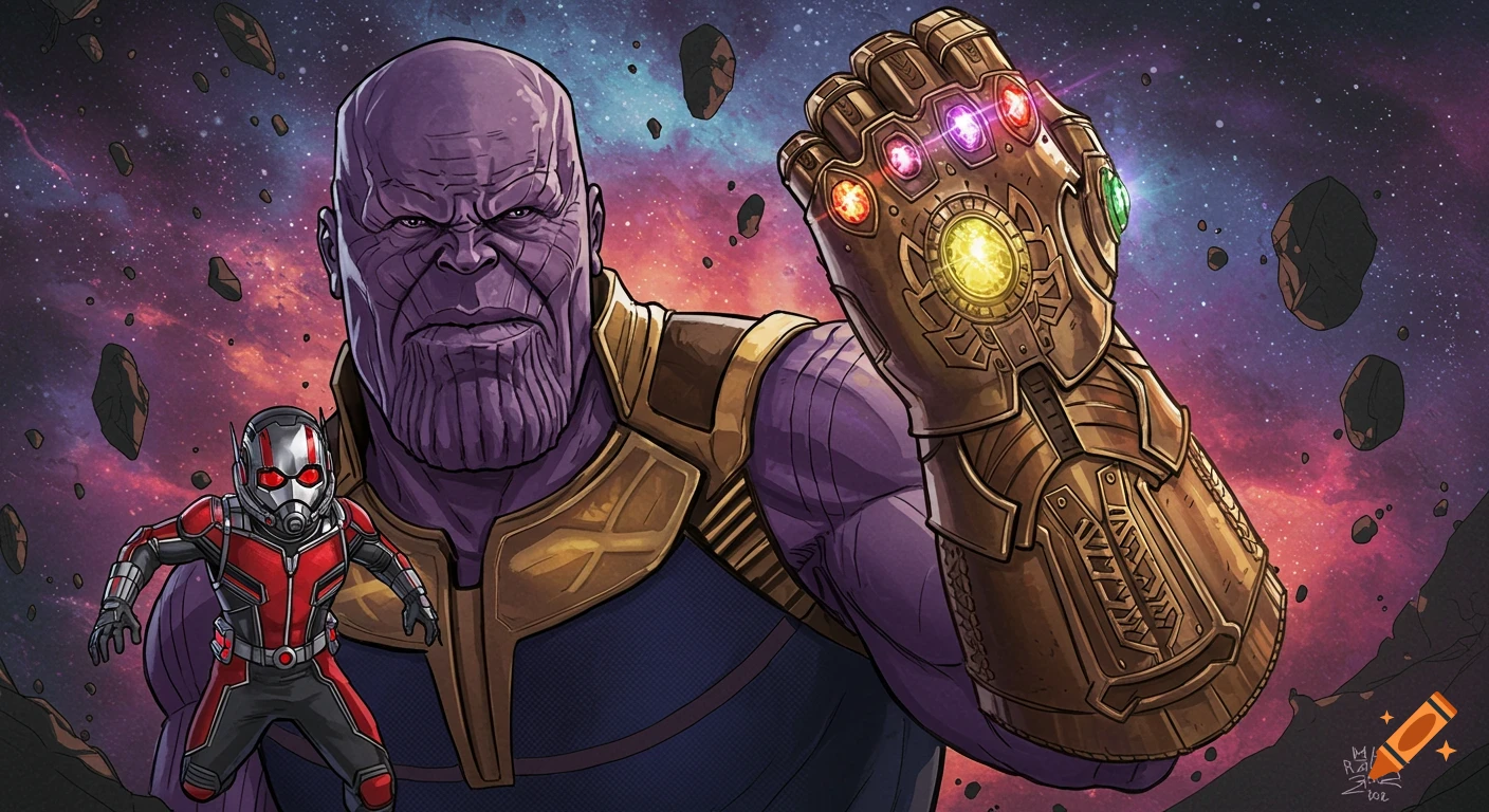 Thanos holds up the Infinity Gauntlet with Ant-Man running behind him in a comic book illustration style.