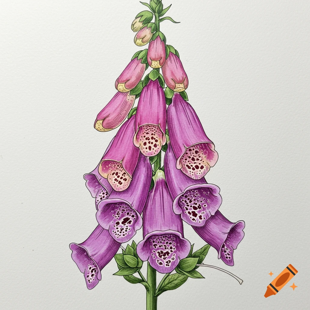 Detailed botanical drawing of pink and purple foxglove flowers