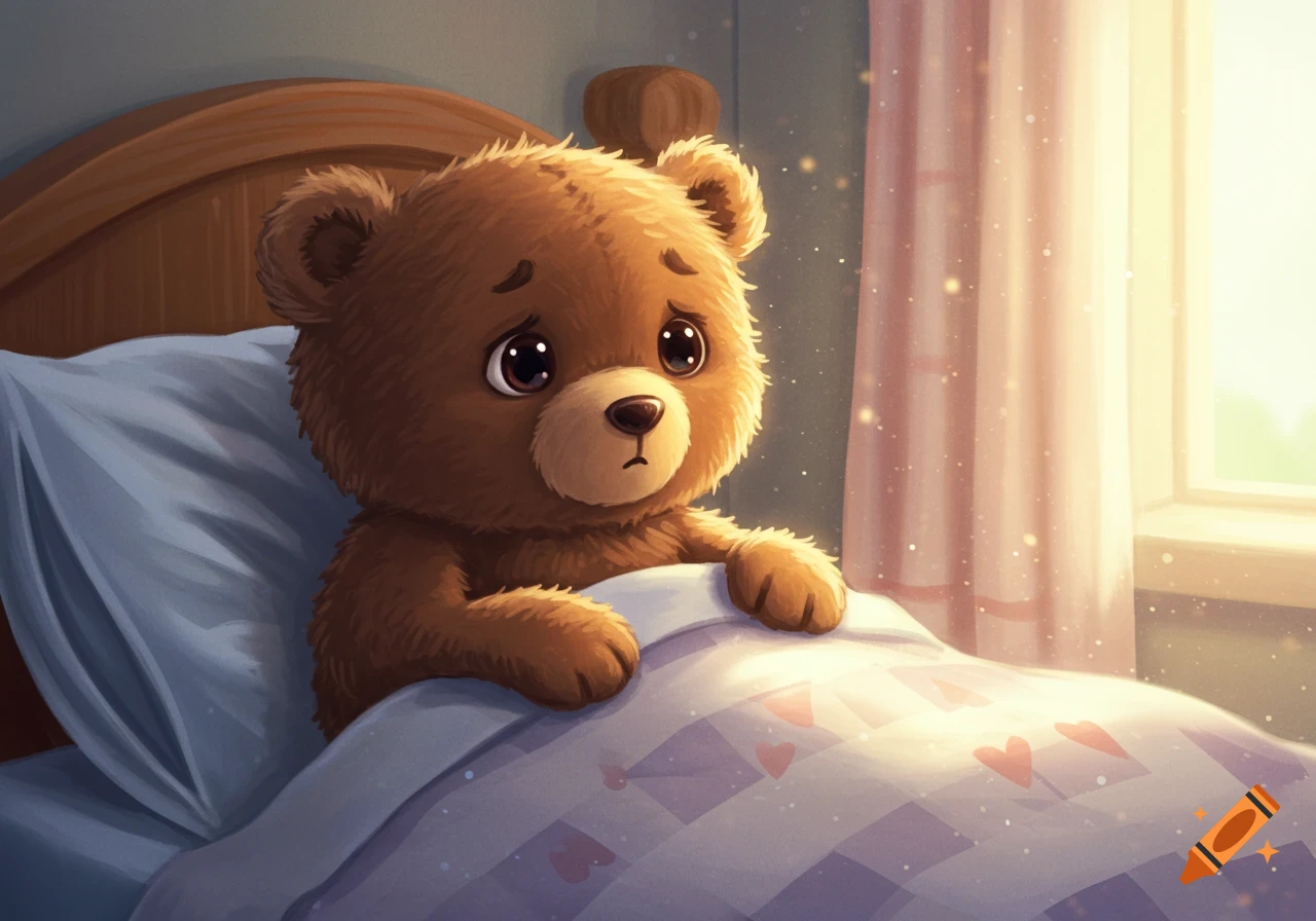 A sad teddy bear sits in bed under a blanket, lit by morning sunlight. Digital illustration.