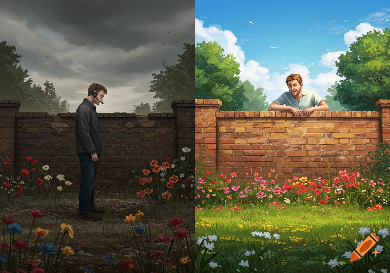 Illustration of a split scene: a sad man in a dark, withered garden and a happy man in a bright, colorful garden.