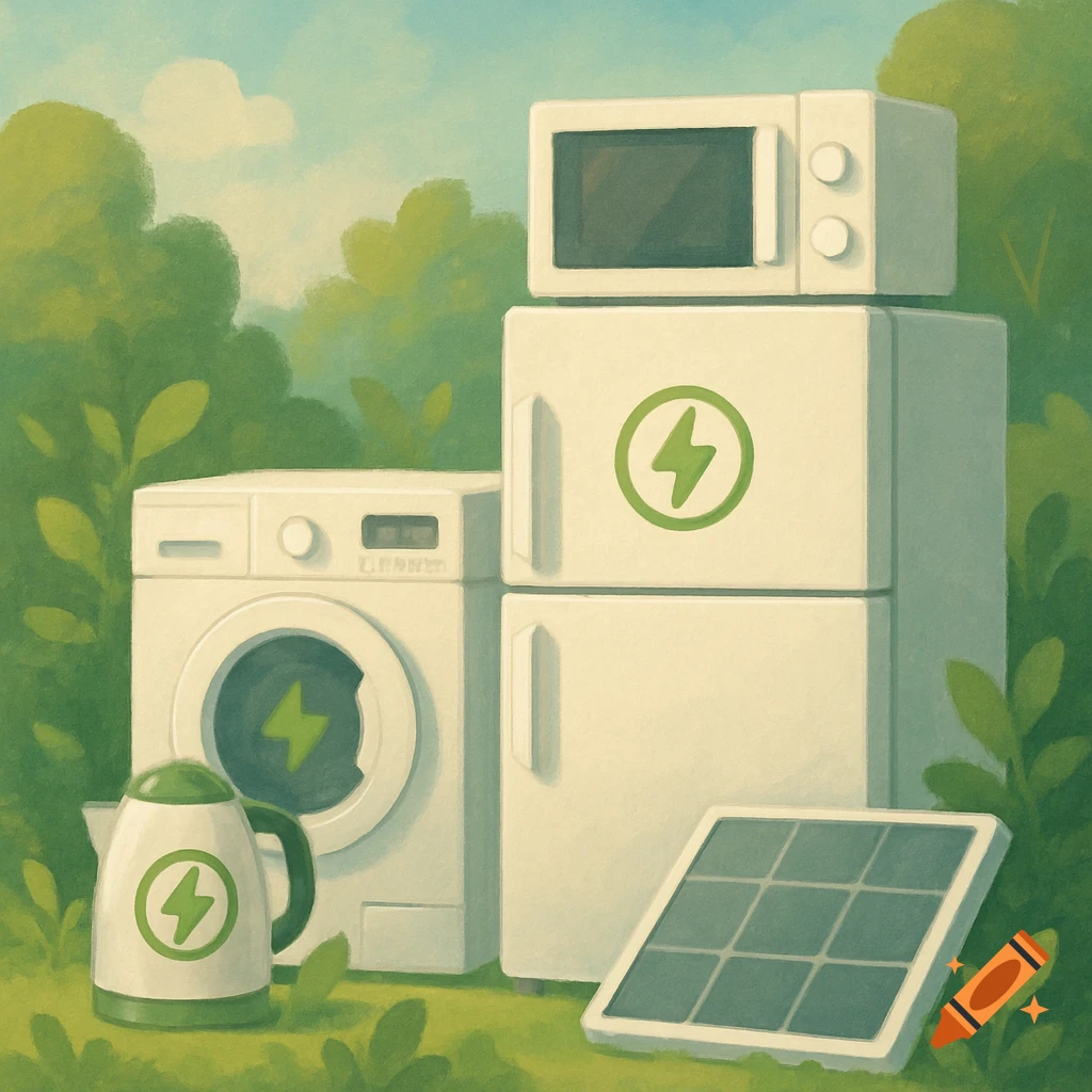 Illustration of household appliances with green lightning symbols (washing machine, fridge, microwave, kettle, solar panel) outside in nature.
