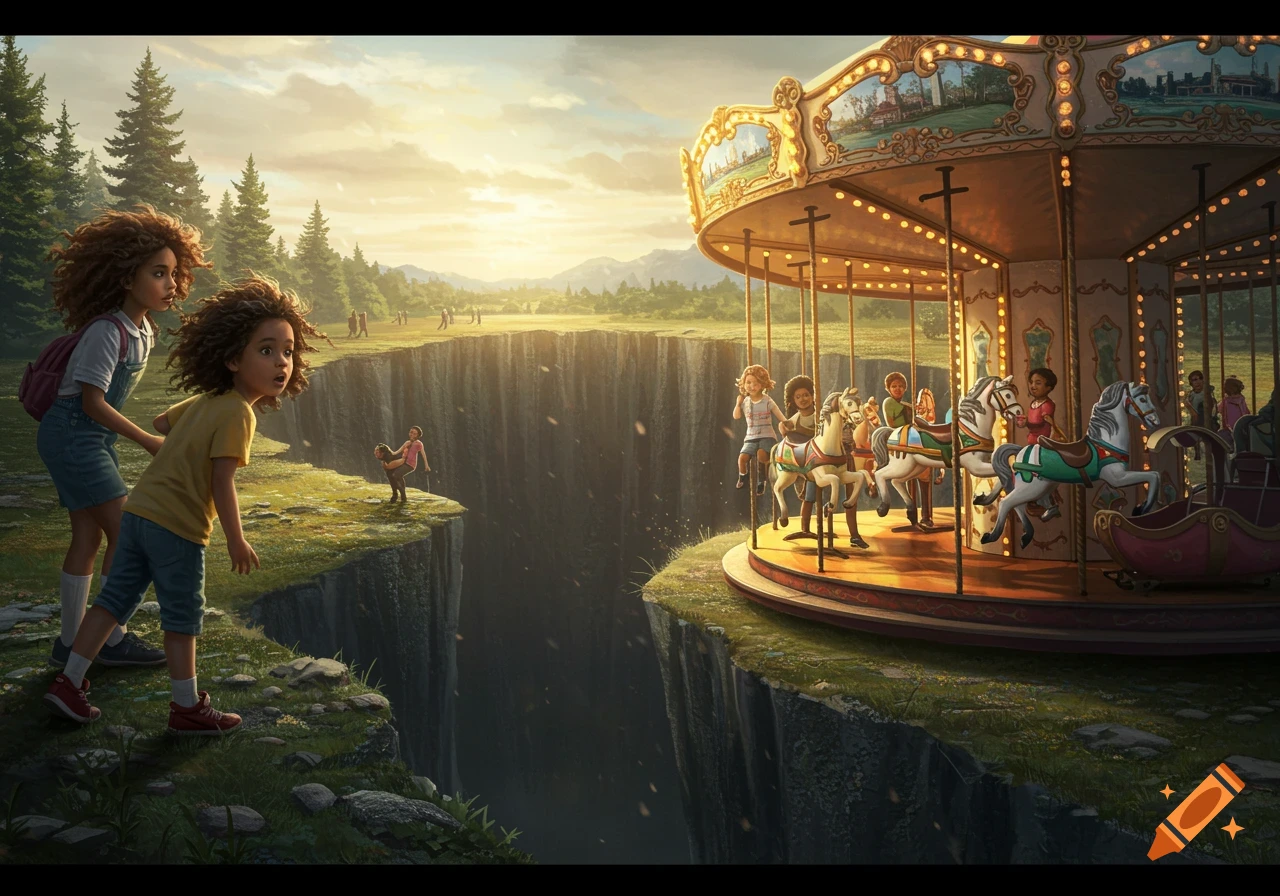 Children look at a carousel on the edge of a cliff overlooking a vast landscape.