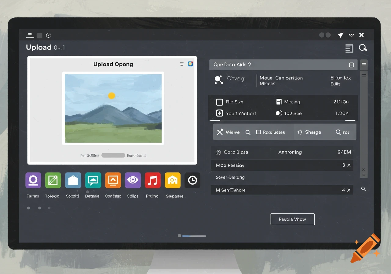 A computer screen displaying a dark user interface for uploading a file, with a preview of a landscape painting on the screen. The UI contains icons and placeholder text.