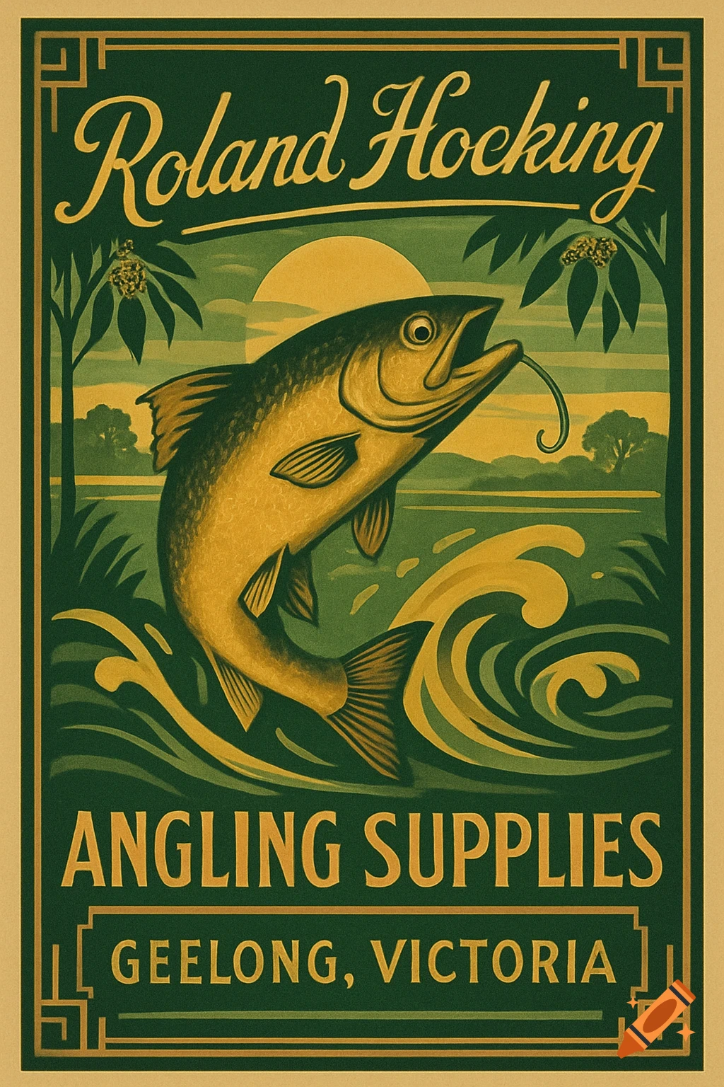 Art Deco style fishing poster with a jumping fish, waves, sun, and text 'Roland Hocking Angling Supplies Geelong, Victoria'.