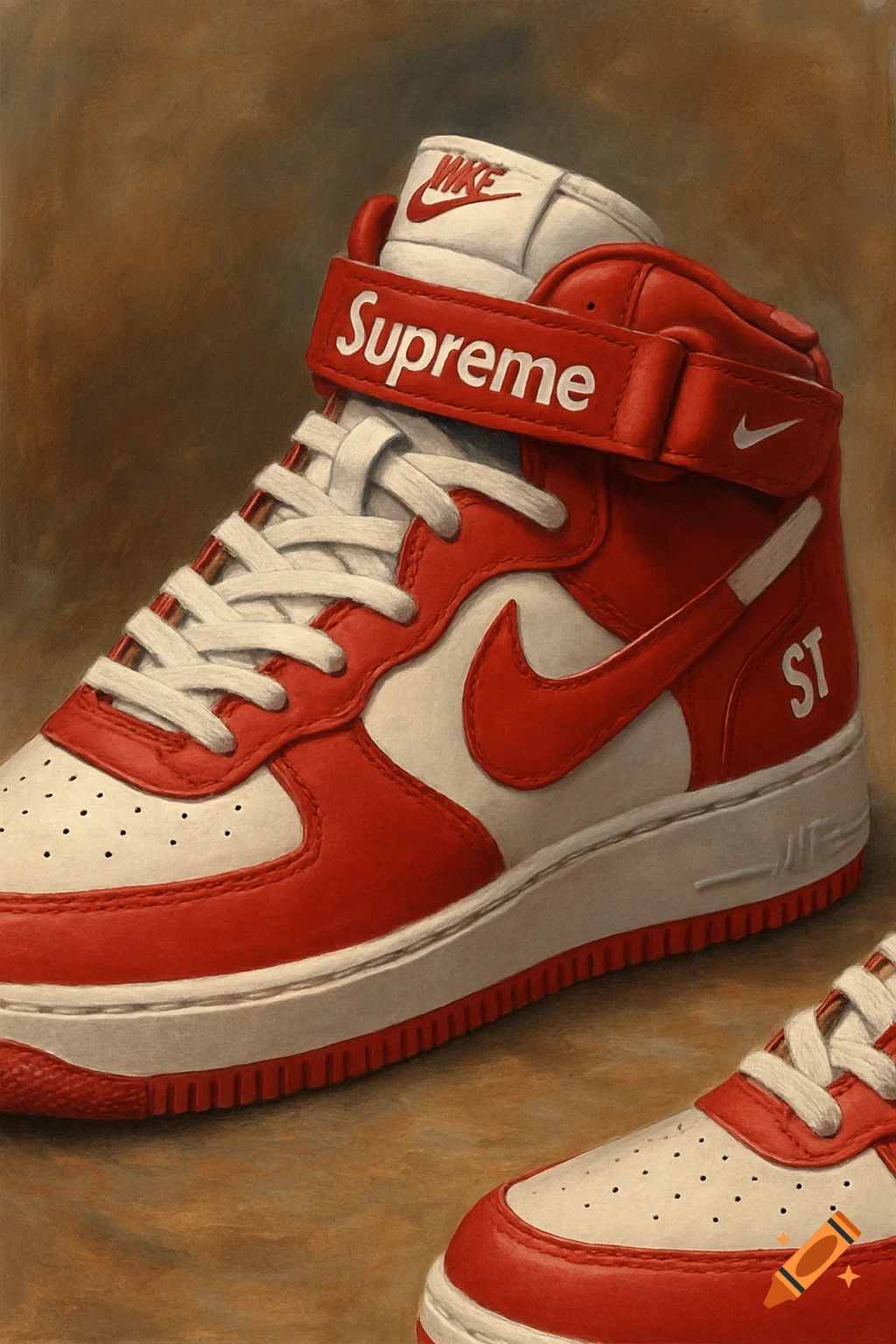 Close-up painting of red and white Nike high-top sneakers with Supreme branding.