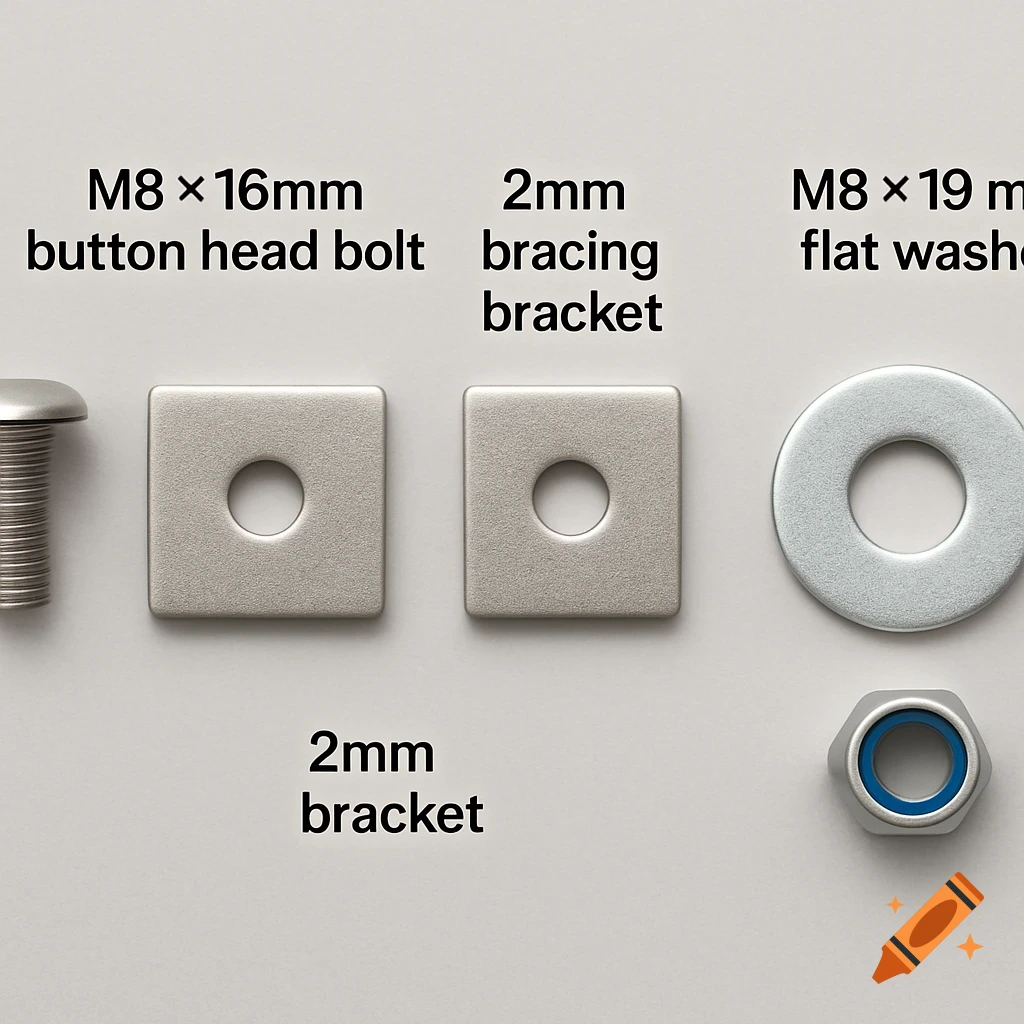 Close-up still life of metal hardware parts: bolt, square brackets, washer, and nut, with labels.