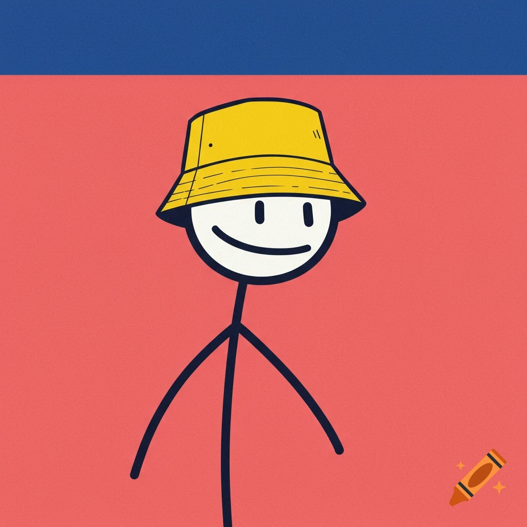 A simple stick figure character wearing a yellow bucket hat against a red and blue background.