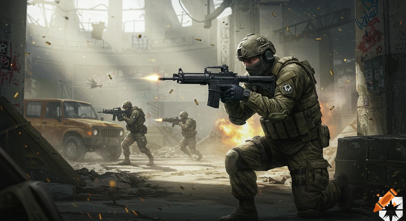 Soldiers engage in intense combat within the ruins of an urban environment.