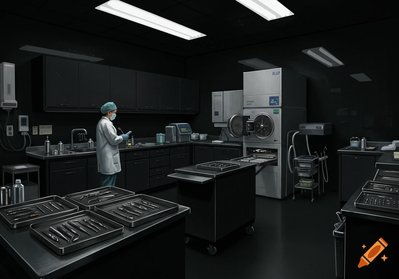 A person in medical scrubs and lab coat standing in a dark dental sterilization lab with equipment and trays of tools.