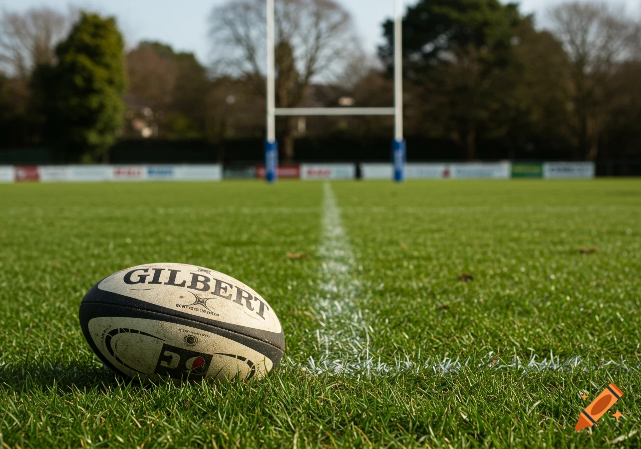 Close up of a rugby ball on a grassy field with goal posts in the background.