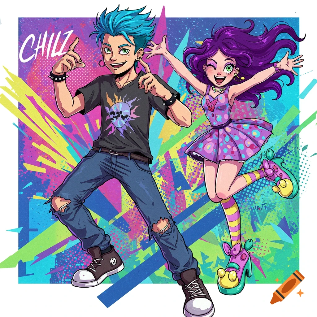 Stylized illustration of a boy and girl in dynamic poses in front of a vibrant abstract background with the name CHILZ.