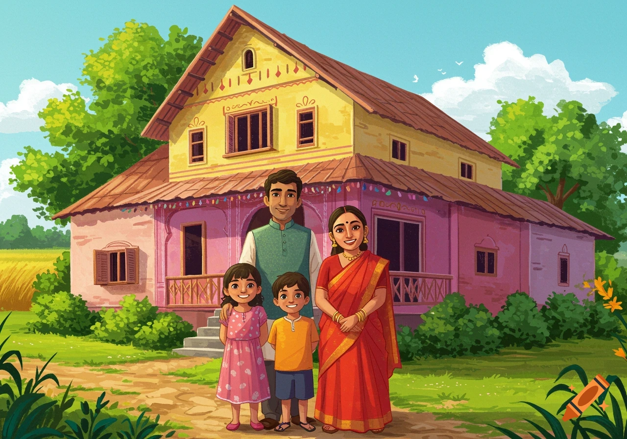 Illustrated Indian family stands before a house in a rural setting.
