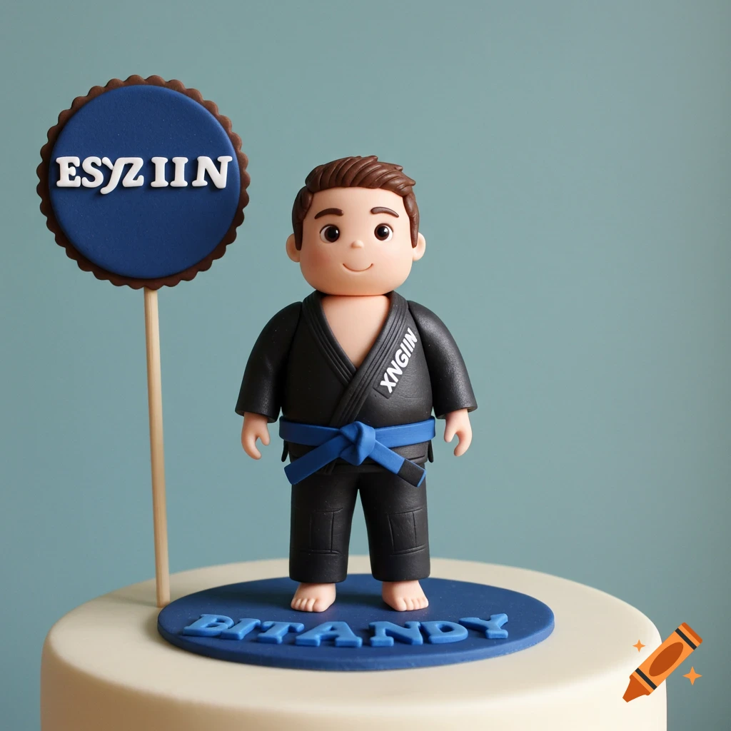 Cake topper of a stylized man in a black jiu jitsu gi and blue belt