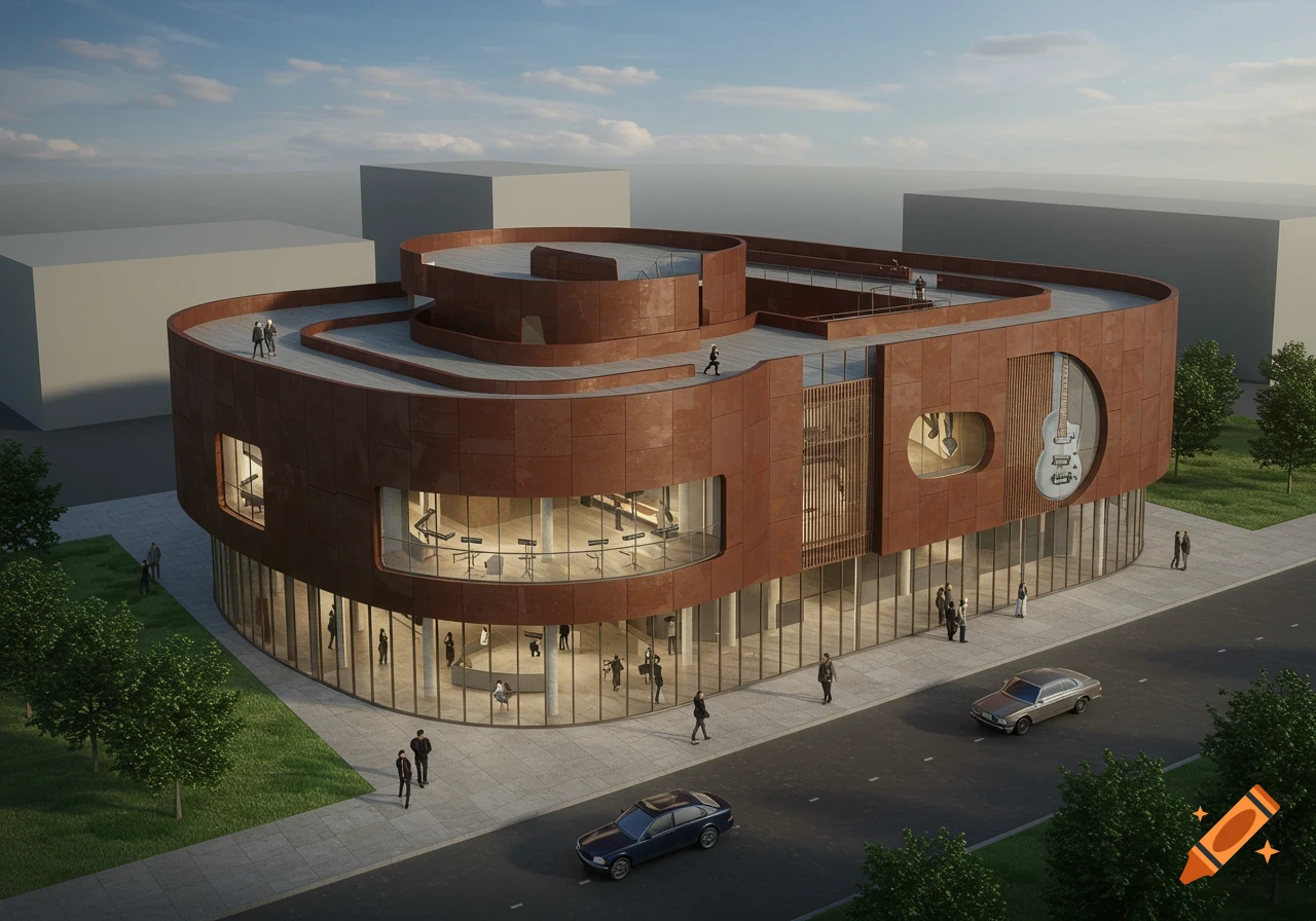 Aerial view of a modern curved building with rusty metal facade and large windows, designed as a music museum.